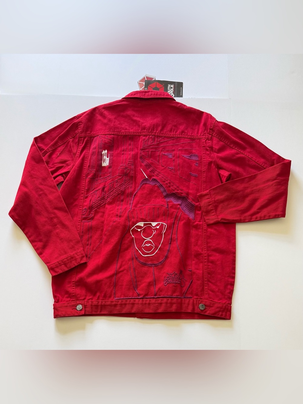 Southpole Men’s Denim Jacket Trucker Size M Embroidered Red SP7002FW NWT